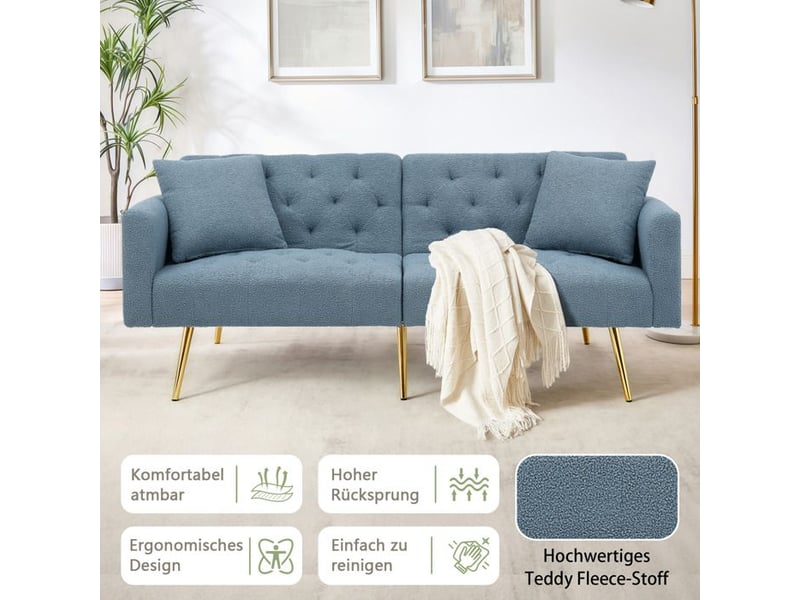  Canapé deux places en peluche - dossier réglable à 3 niveaux - 2 coussins inclus - pieds en métal - bleu bleu - Conforama D