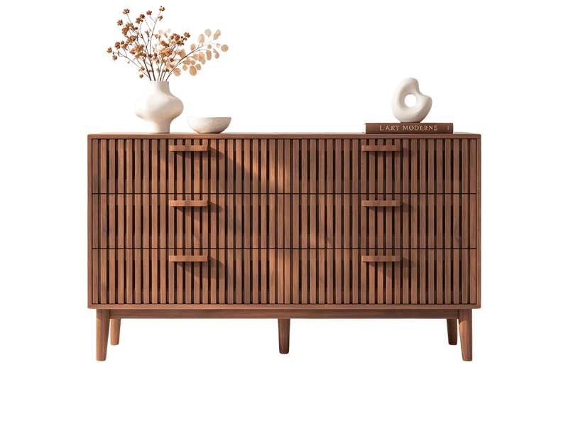  Commode 6 tiroirs en bois à panneaux à lames, commode basse de rangement - style scandinave et luxe, meuble à tiroirs pour chambre adulte, dressing et bureau, finition chêne ou noyer  - Conforama A