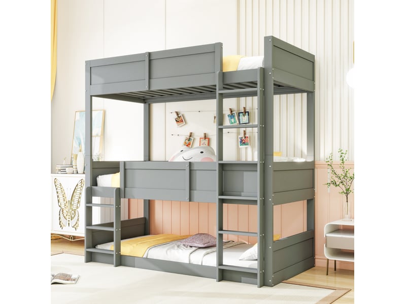  Lit superposé 90x200 cm convertible en couchage individuel et superposé bas en bois gris  - Conforama B