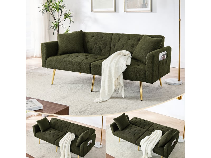 Canapé convertible 2 places avec dossier réglable à 3 positions et 2 coussins en tissu teddy vert - Conforama C