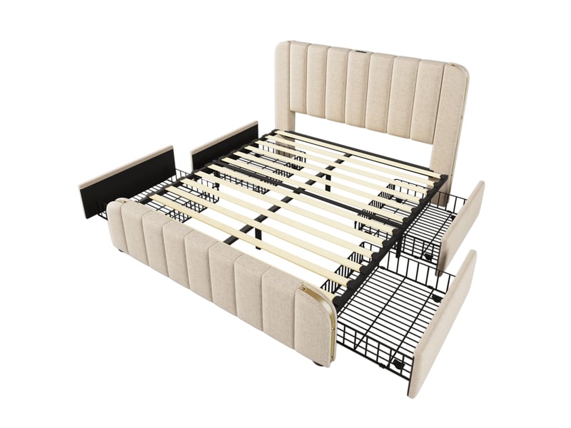  Lit capitonné 140x200 cm avec tête de lit et 4 tiroirs - bandes dorées, usb-c intégré, toile beige  - Conforama A