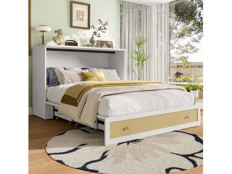  Lit escamotable, 140x200 cm, couchage escamotable, avec tiroirs, usb et prise, matelas non inclus, mdf, coloris blanc  - Conforama B