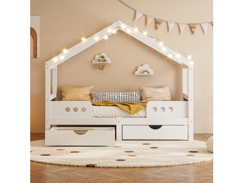  Elvmi lit cabane enfant avec toit, 2 grands tiroirs, structure bois et mdf, finition vernis uv quasi inodore, tableau intégré, charge maximale 120 kg, pour matelas 90x200 cm  - Conforama B