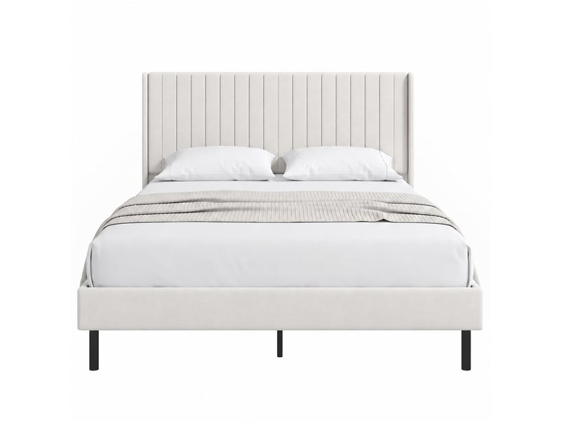 Lit rembourré 140x200 en velours beige avec tête de lit réglable de 107 à 112 cm et sommier 12 lattes - Conforama A