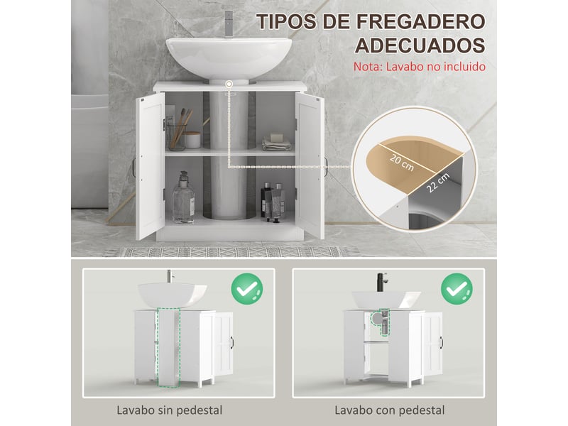 Meuble sous-lavabo avec double porte et étagère réglable, capacité de charge 20 kg, 60 x 30 x 60 cm, blanc - Conforama D