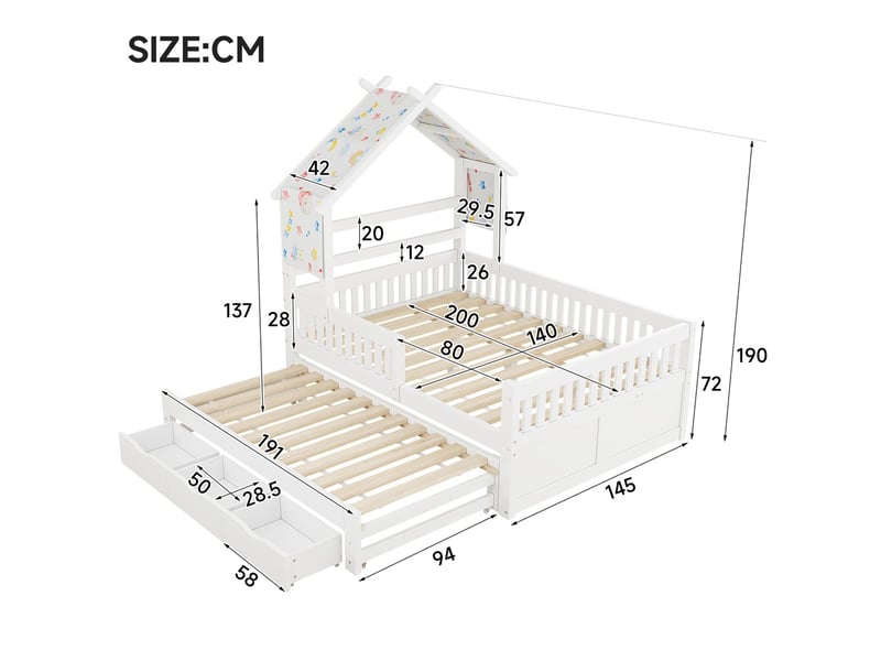  Lit gigogne maison bois 140x200 cm blanc lit gigogne 3 tiroirs barrières sécurité  - Conforama C