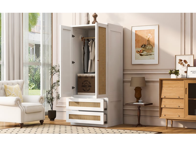  Armoire avec 2 portes, 2 tiroirs et grand espace de rangement pour chambre, finition lisse en bois 70×55×170 cm blanc  - Conforama E