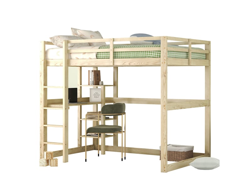  Lit mezzanine enfant 140 x 200 cm – naturel – bureau intégré, 4 niches de rangement - sans matelas  - Conforama A