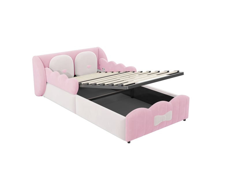  Lit enfant rembourré 90x200 cm en velours avec rangement hydraulique et 2 coussins  - Conforama D