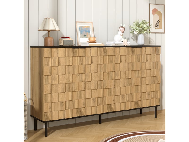  Buffet 2 portes avec étagère fixe - lpospi - pieds métal, panneau de particules naturel et noir, 160 × 35 × 80,5 cm  - Conforama E