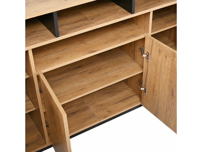  Buffet 4 portes avec 3 niches ouvertes, bois naturel et noir, 140 x 40 x 85 cm  - Conforama E