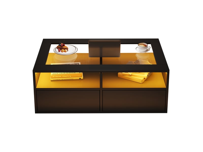  Table basse avec 2 tiroirs, 2 niches ouvertes, led et plateau en verre trempé pour salon, noir, 100 × 50 × 35 cm  - Conforama A