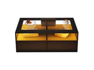 Table basse avec 2 tiroirs, 2 niches ouvertes, led et plateau en verre trempé pour salon, noir, 100 × 50 × 35 cm