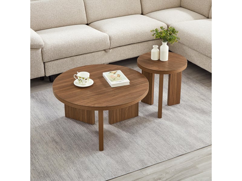  Tables basses gigognes avec 2 plateaux ronds, structure rainurée, style moderne, en mdf, décor noyer brun  - Conforama C