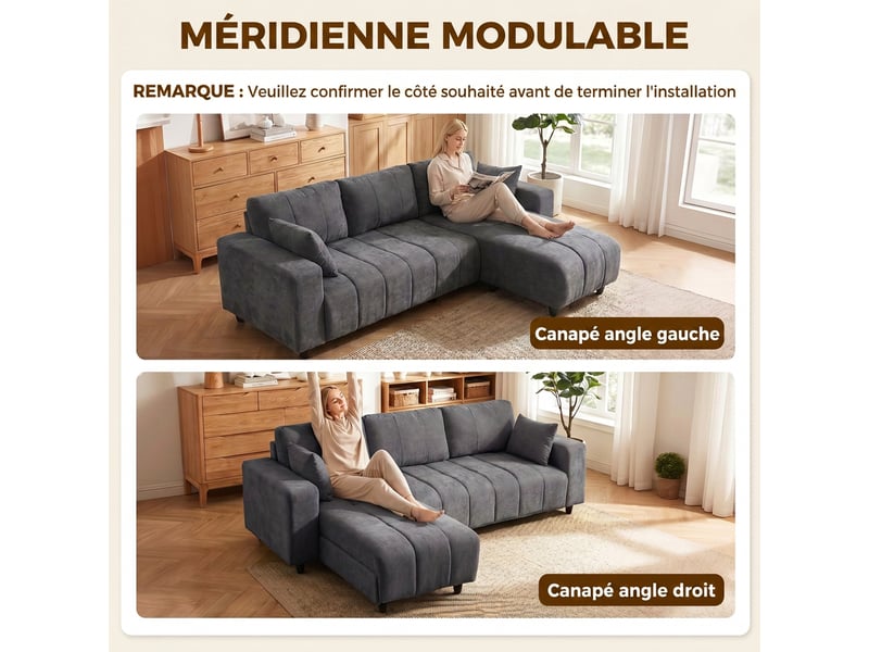 Canapé d'angle modulable 242 cm, canapé 4 places en l avec méridienne réversible, tissu aspect lin, 2 oreillers, gris - Conforama A