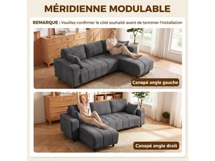Canapé d'angle modulable 242 cm, canapé 4 places en l avec méridienne réversible, tissu aspect lin, 2 oreillers, gris