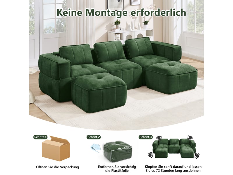Canapé modulable d’angle en u 3 places en polyester vert, 271 x 162 x 67 cm, sans montage, mousse haute densité 32d, assise profonde, avec 2 poufs Luxe haut de gamme - Conforama D