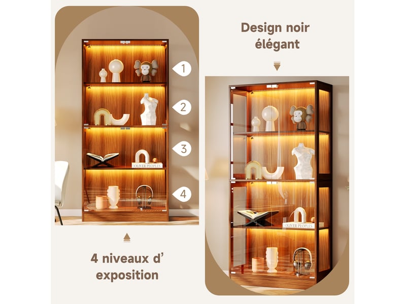 Vitrine pour figurines avec éclairage led multicolore, 80 x 35 x 170 cm, mdf et verre, noyer - Conforama D