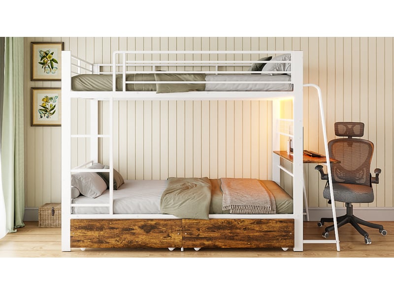  Lit superposé 90x200 cm avec bureau, led et tiroirs, en métal, blanc mat et noyer foncé  - Conforama D