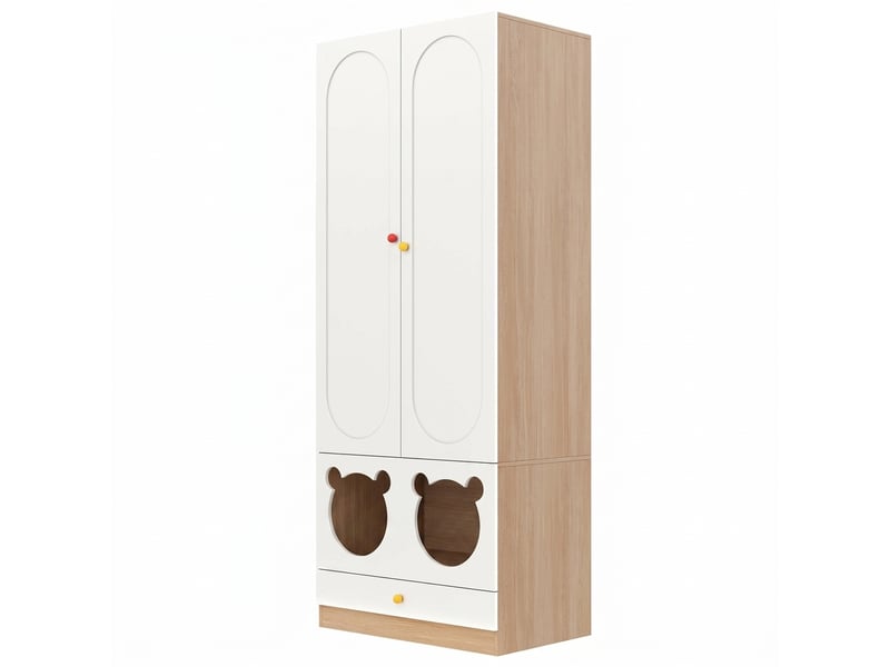  Armoire enfant 80x50x200 cm - 2 portes, penderie, étagères, tiroirs, design ours, blanc et bois  - Conforama E