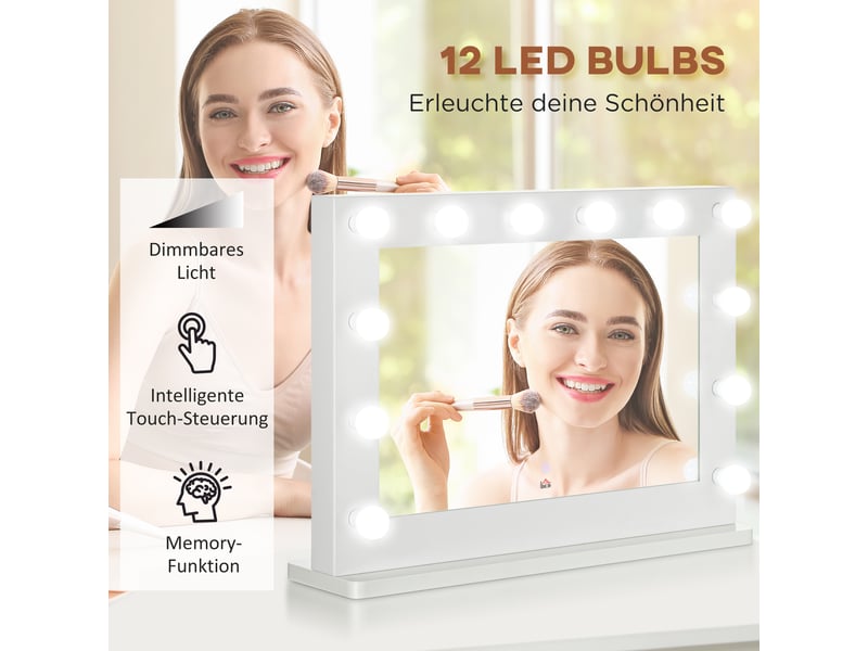  Miroir hollywood avec éclairage, commande tactile, fonction mémoire, 12 lampes led à intensité variable, blanc, 80 x 60 cm  - Conforama D