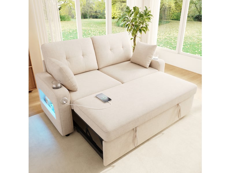  Canapé-lit 2 places beige avec led, ports usb et type-c, rangements et porte-gobelets  - Conforama B