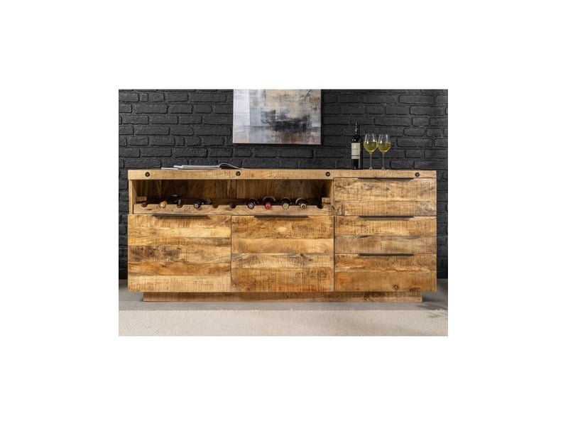  Buffet loden 175 cm en bois massif de manguier verni – 2 portes, 3 tiroirs et niche à bouteilles  - Conforama D