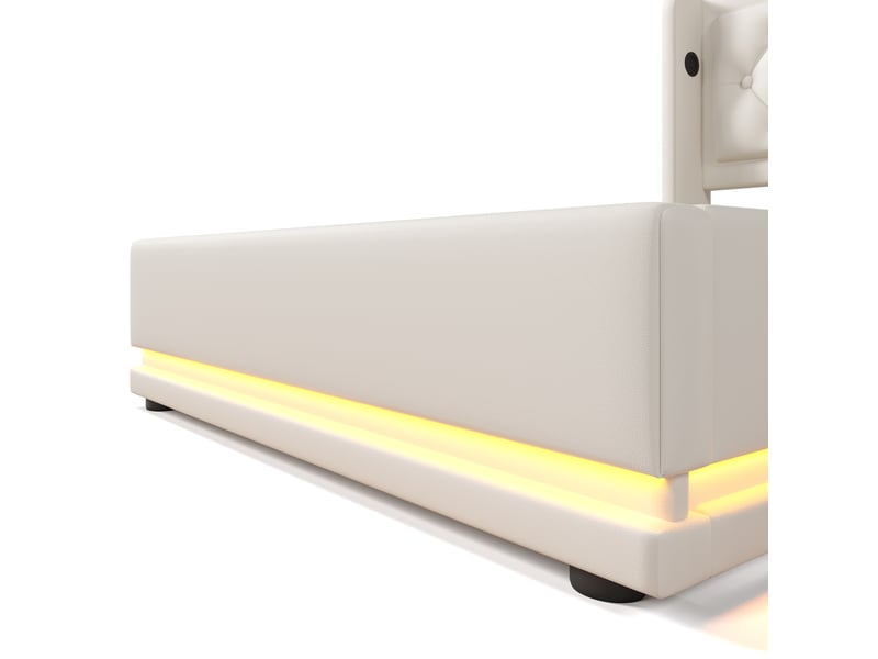  Lit coffre simple 90×200 cm en similicuir blanc avec usb, type-c et led réglable, matelas inclus  - Conforama E