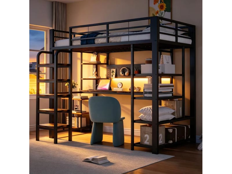  Modenvie lit mezzanine 90x200 cm - avec bureau, led et prises intégrées - pour petit espace - noir  - Conforama B