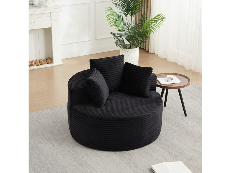  Fauteuil lounge rond avec 3 coussins, accoudoirs larges et base antidérapante, en velours côtelé noir  - Conforama B