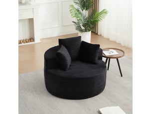 Fauteuil lounge rond avec 3 coussins, accoudoirs larges et base antidérapante, en velours côtelé noir