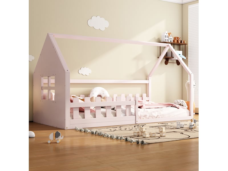  Modenvie lit enfant cabane 90x200 cm - en pin et mdf, avec sommier à lattes - pour chambre d'enfant - rose  - Conforama E