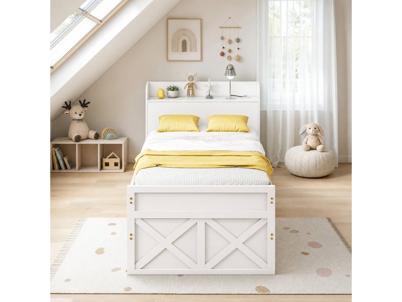  Lit simple 90x190 cm avec lit gigogne, tiroirs et usb en bois blanc  - Conforama D