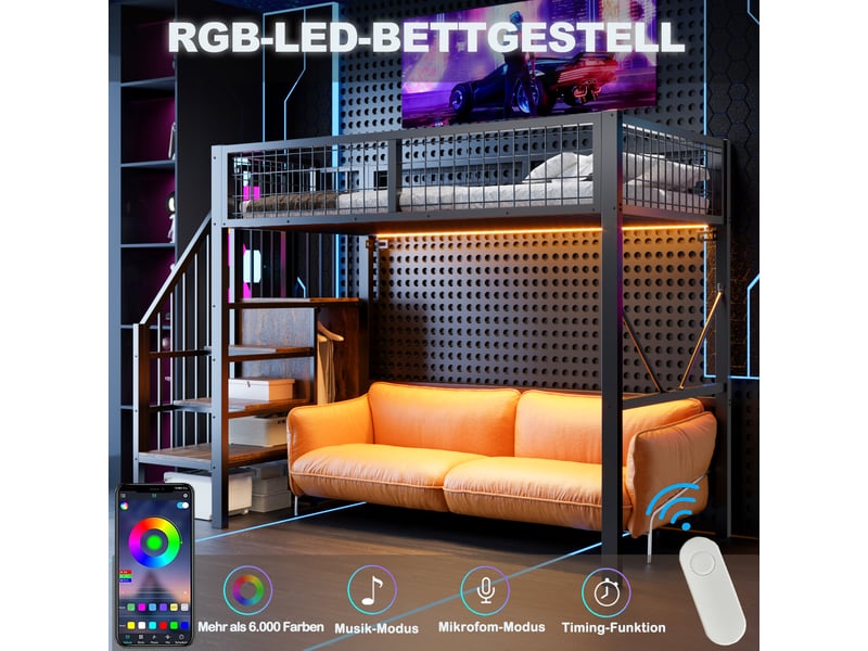  Lit mezzanine enfant 90x200cm en métal avec échelle de rangement et led,lit superposé simple avec barrières grillagées,sans matelas,noir  - Conforama D