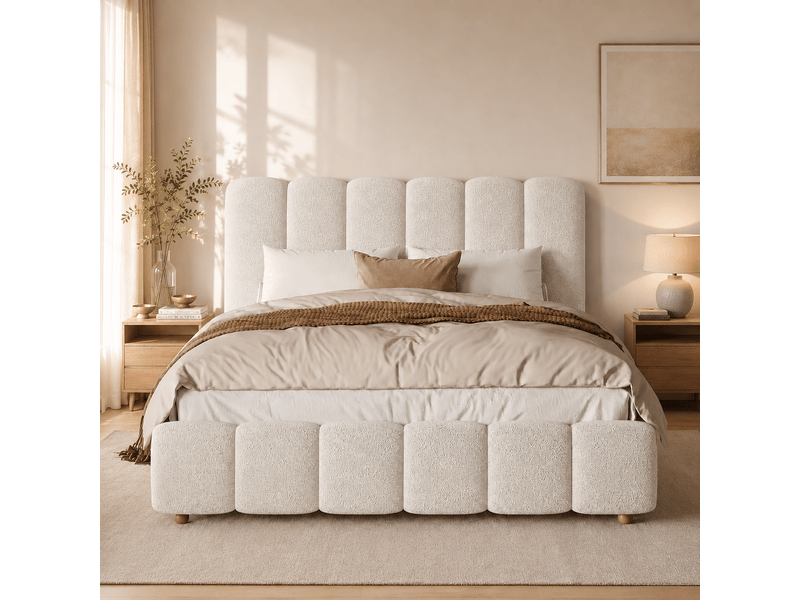  Lit coffre rembourré 140 x 190 cm en bouclé blanc, tête de lit à lignes verticales, sommier à lattes N634U0112W - Conforama E