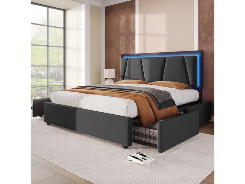Lit capitonné, lit double 160x200 cm, 4 tiroirs, rangement intégré, led, tête de lit réglable, matelas inclus, bois gris - Conforama C