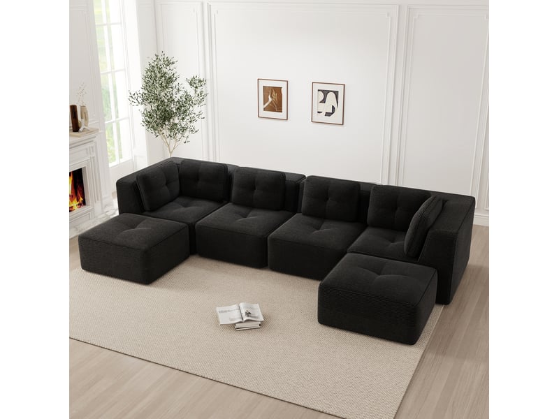 Canapé modulable en u 4 places 386x177x69 cm, sans montage, assise profonde, tissu en velours côtelé, noir - Conforama D