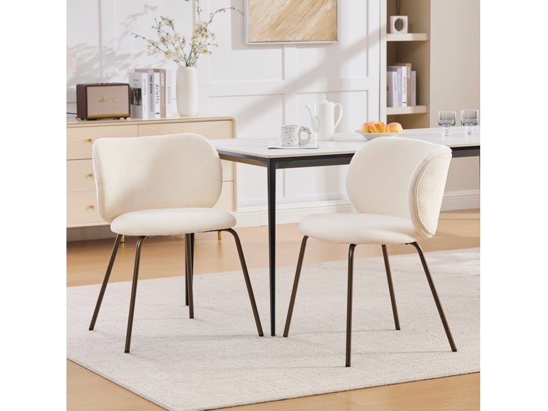  Lot de 2 chaises de salle à manger en chenille crème avec pieds en métal bronze  - Conforama C