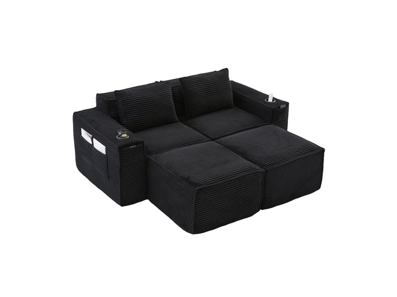  Canapé 2 places avec 2 poufs 188x162x75 cm en velours côtelé noir  - Conforama A