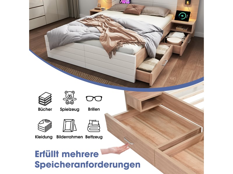  Cadre de lit, lit double 140x200 cm, 2 tiroirs, chevets intégrés, usb, matelas inclus, bois massif chêne blanc et clair  - Conforama E