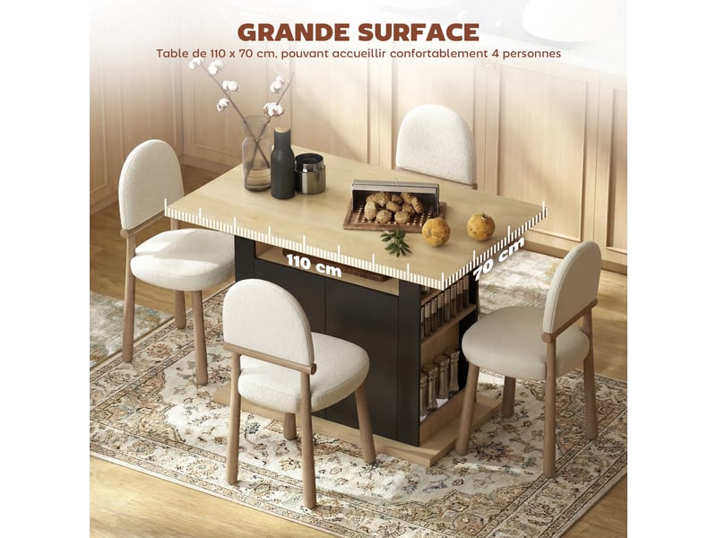  Table à manger ilot central cuisine avec grand plan de travail 4 personnes placard 4 portes noir 110 x 70 x 75,5 cm  - Conforama E