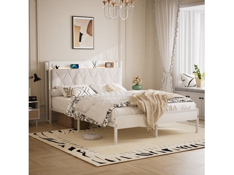 Lit double 140 × 190 cm tête de lit rembourrée, led, prises et usb, rangement sous lit, blanc 140 × 208 × 99,5 cm - Conforama D