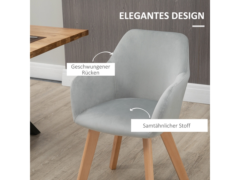  Lot de 2 chaises de salle à manger avec accoudoirs, dossier en velours rembourré et pieds en bois  - Conforama D