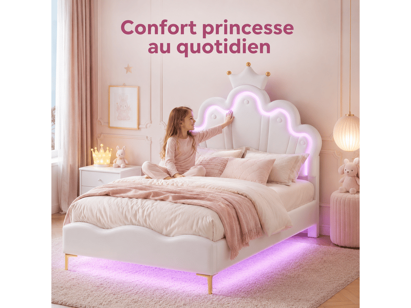 Lit fille 90x190cm avec sommier led réglables - lit simple enfant avec tête de lit réglable en hauteur - sommier à lattes - lit 90x190 cm - lumineuse led - lit fille avec tête de lit réglable - lit princesse en forme couronne - …  - Conforama E