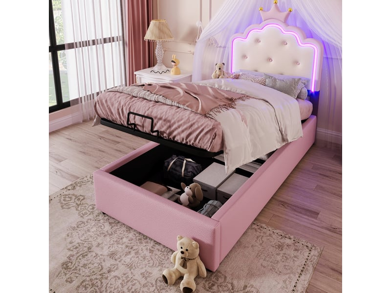 Lit coffre enfant 90x200cm avec led, rangement, style princesse, sommier, pu+mdf, rose, sans matelas - Conforama W