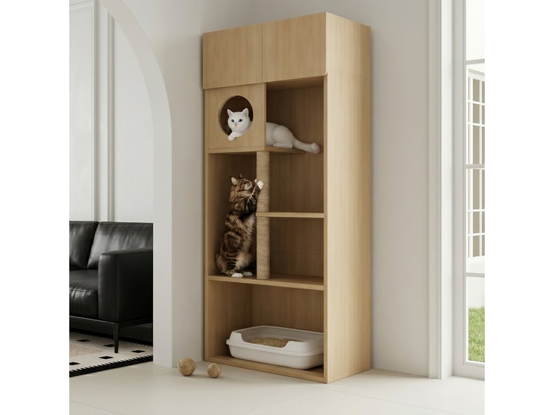 Meuble cache-litière 80 x 45 x 193 cm, rangement multifonction avec poteau à griffer, plateformes et espace repos, aspect bois naturel  - Conforama R