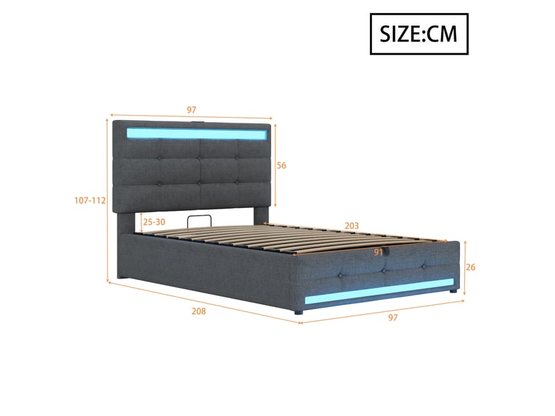  Lit enfant 90x200 led rgb usb tête réglable rangement design moderne commande application tissu gris sans matelas  - Conforama C