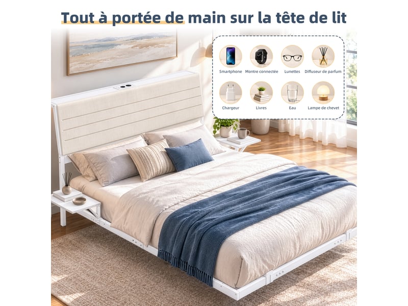  140x190cm-led-plateau de table pour tête de lit-cadre de lit tapissier- lit double-led-usb-type-c, gris  - Conforama C