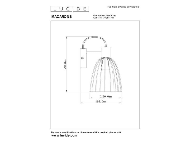 Applique murale 1xe27 40w dimmable métal noir - lucide - macarons  - Conforama E