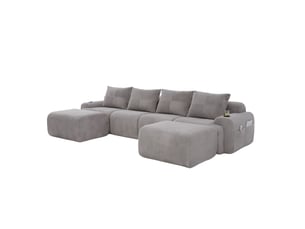 Canapé modulaire 4 places en velours côtelé avec 2 poufs, porte-gobelets, gris clair